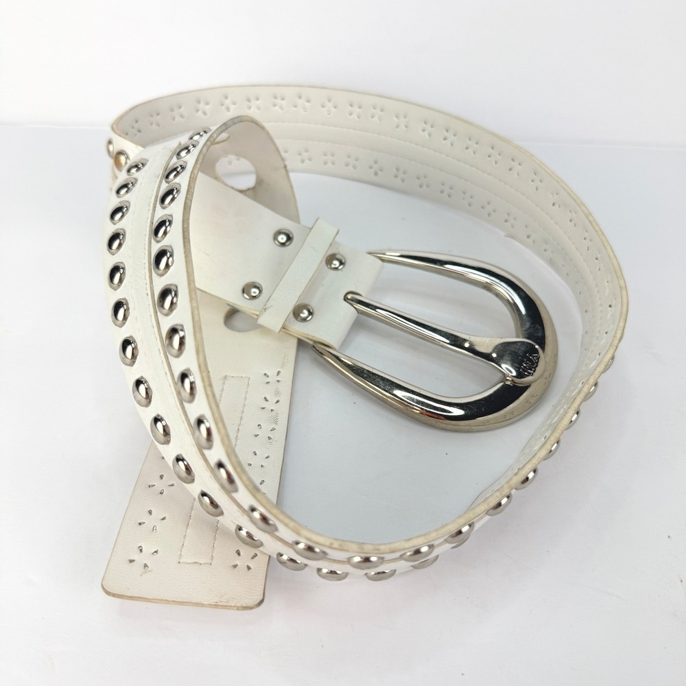 VTG YMI M Women White Retro Studded Cutout Vegan Silver Buckle Belt Punk